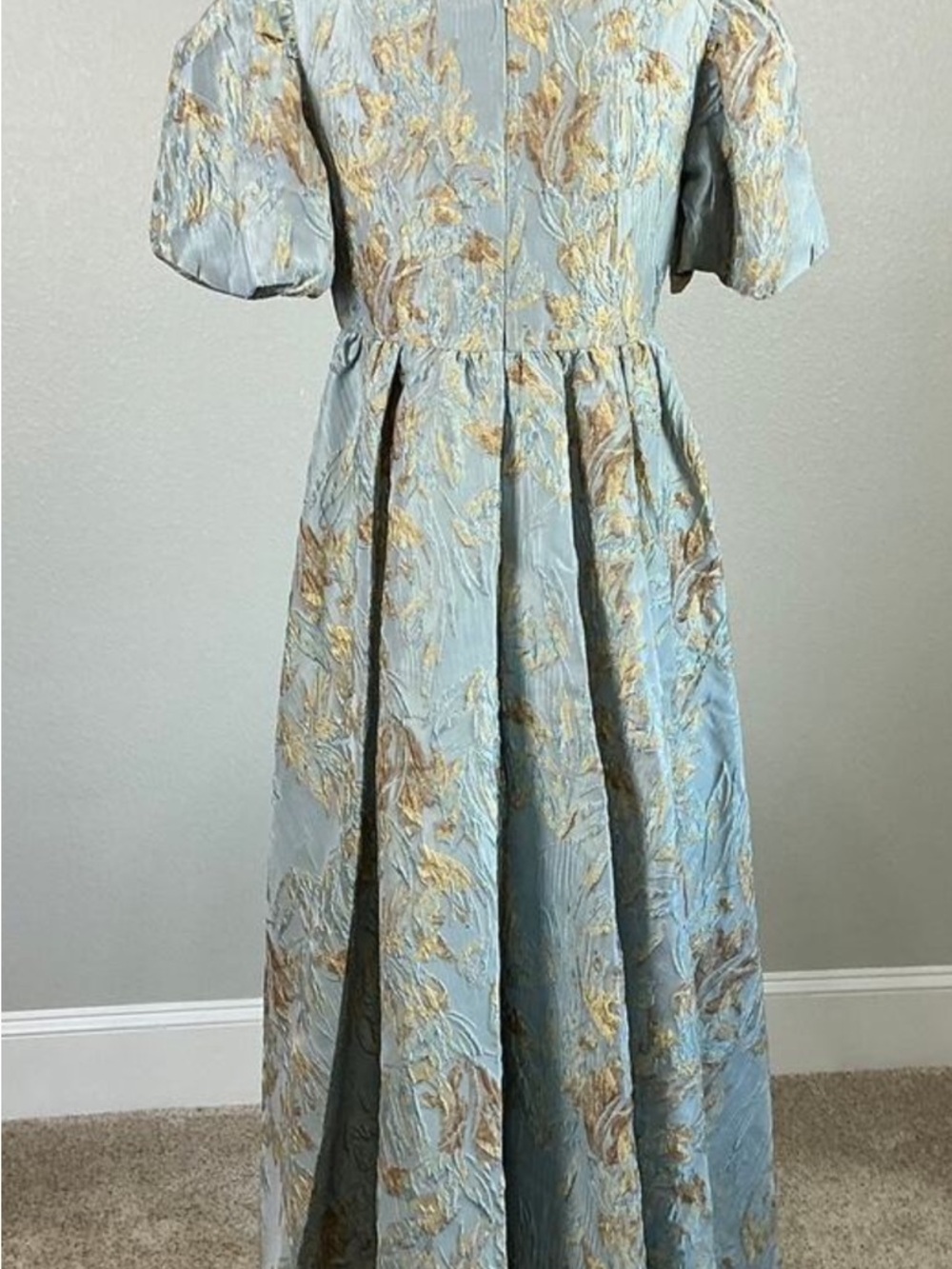 Mac Duggal 11608 Floral Jacquard High Low Evening Gown Blue + Gold Size 8 Dress - Picture 2 of 3